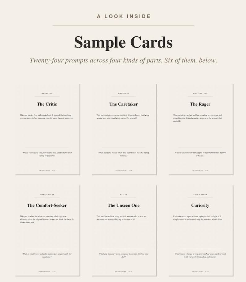 Puede incluir: Un conjunto de seis tarjetas de muestra con texto negro sobre un fondo beige claro. Las tarjetas est&aacute;n tituladas A LOOK INSIDE, Sample Cards y Twenty-four prompts across four kinds of parts. Six of them, below. Cada tarjeta presenta un nombre y una pregunta.