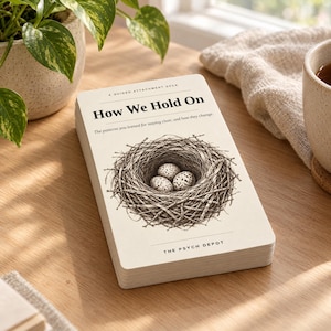 Op de afbeelding: Een kaartspel met de titel How We Hold On: A Guided Attachment Deck. De omslag bevat een zwart-witte inktillustratie van een vogelnest met drie gespikkelde eieren. De tekst The Psych Depot staat onderaan de kaart gedrukt.