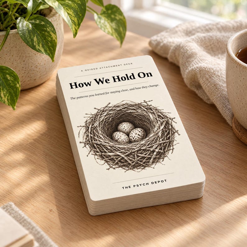 May include: A deck of cards titled How We Hold On: A Guided Attachment Deck. The cover features a black and white ink illustration of a bird's nest containing three speckled eggs. The text The Psych Depot is printed at the bottom of the card.