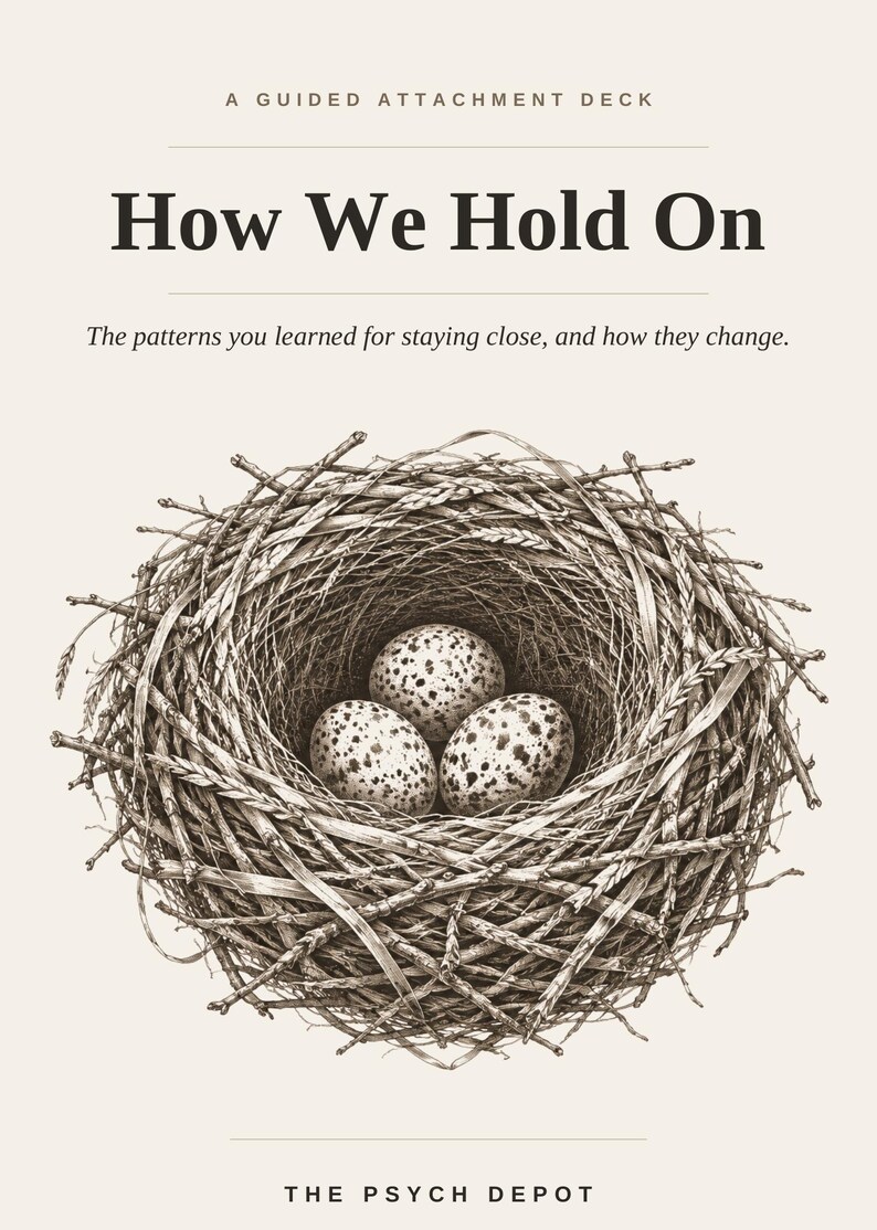 May include: A deck of cards titled How We Hold On: A Guided Attachment Deck. The cover features a detailed black and white illustration of a bird's nest containing three speckled eggs, with the text The Psych Depot at the bottom of the page.