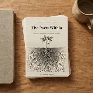 May include: A deck of cards titled The Parts Within: A Guided Parts-Work Deck. The cover features a black ink illustration of a plant with visible roots. Text includes The inner system beneath your reactions and habits and The Psych Depot.