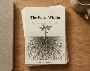 May include: A deck of cards titled The Parts Within: A Guided Parts-Work Deck. The cover features a black ink illustration of a plant with visible roots. Text includes The inner system beneath your reactions and habits and The Psych Depot.