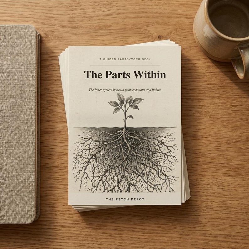 Puede incluir: Un mazo de cartas titulado The Parts Within: A Guided Parts-Work Deck. La portada presenta una ilustraci&oacute;n en tinta negra de una planta con ra&iacute;ces visibles. El texto incluye The inner system beneath your reactions and habits y The Psych Depot.