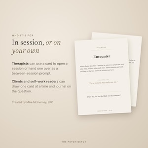 May include: Two off-white rectangular cards with black text. The top card features the heading Isolation, the title Encounter, a paragraph about Martin Buber, the quote For a moment, they really saw me, and the question When did you last feel fully met by someone?