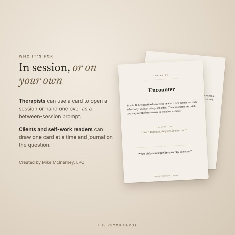 May include: Two off-white rectangular cards with black text. The top card features the heading Isolation, the title Encounter, a paragraph about Martin Buber, the quote For a moment, they really saw me, and the question When did you last feel fully met by someone?
