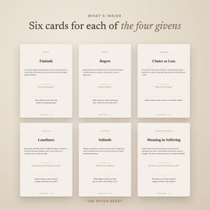 May include: Six off-white rectangular cards arranged in two rows of three, featuring black text. The cards are titled Finitude, Regret, Choice as Loss, Loneliness, Solitude, and Meaning in Suffering, with descriptive text and questions below each heading.
