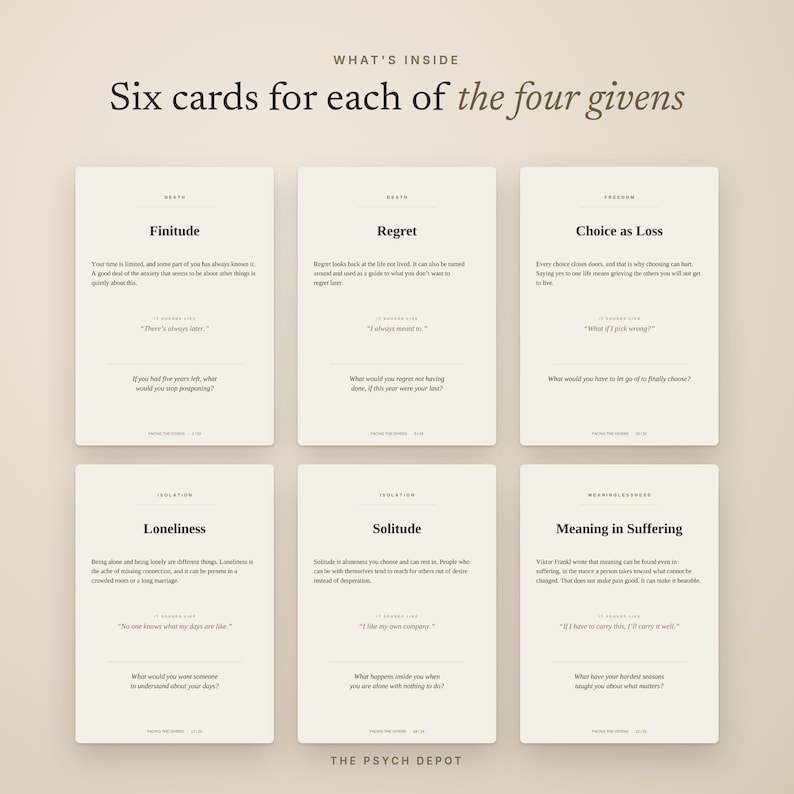 May include: Six off-white rectangular cards arranged in two rows of three, featuring black text. The cards are titled Finitude, Regret, Choice as Loss, Loneliness, Solitude, and Meaning in Suffering, with descriptive text and questions below each heading.