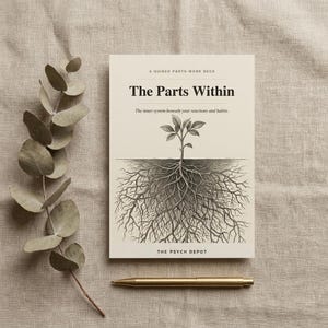 Puede incluir: Un mazo de cartas rectangular titulado The Parts Within, A Guided Parts-Work Deck, con una ilustraci&oacute;n en blanco y negro de una planta con ra&iacute;ces visibles. El texto dice The inner system beneath your reactions and habits y The Psych Depot.