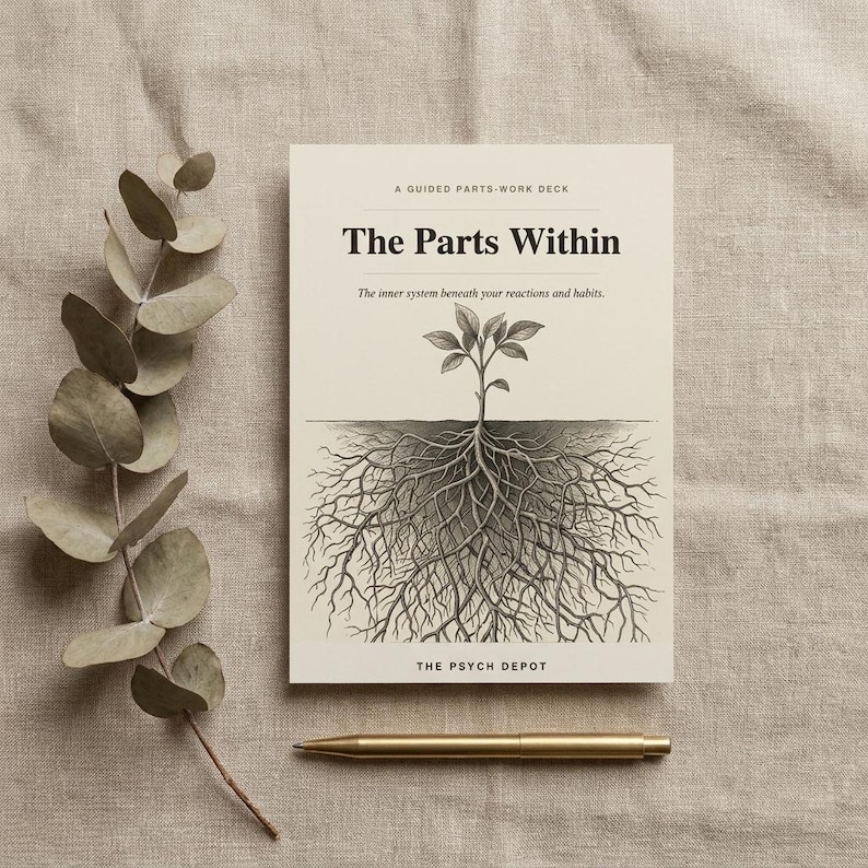 Puede incluir: Un mazo de cartas rectangular titulado The Parts Within, A Guided Parts-Work Deck, con una ilustraci&oacute;n en blanco y negro de una planta con ra&iacute;ces visibles. El texto dice The inner system beneath your reactions and habits y The Psych Depot.