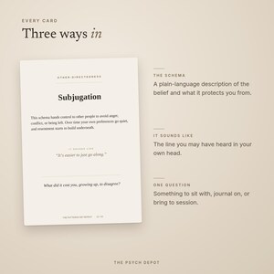 Puede incluir: Una tarjeta informativa beige titulada Three ways in, que presenta el esquema Subjugation. El texto explica que este esquema cede el control a otros para evitar conflictos, incluye la frase It's easier to just go along y plantea una pregunta.