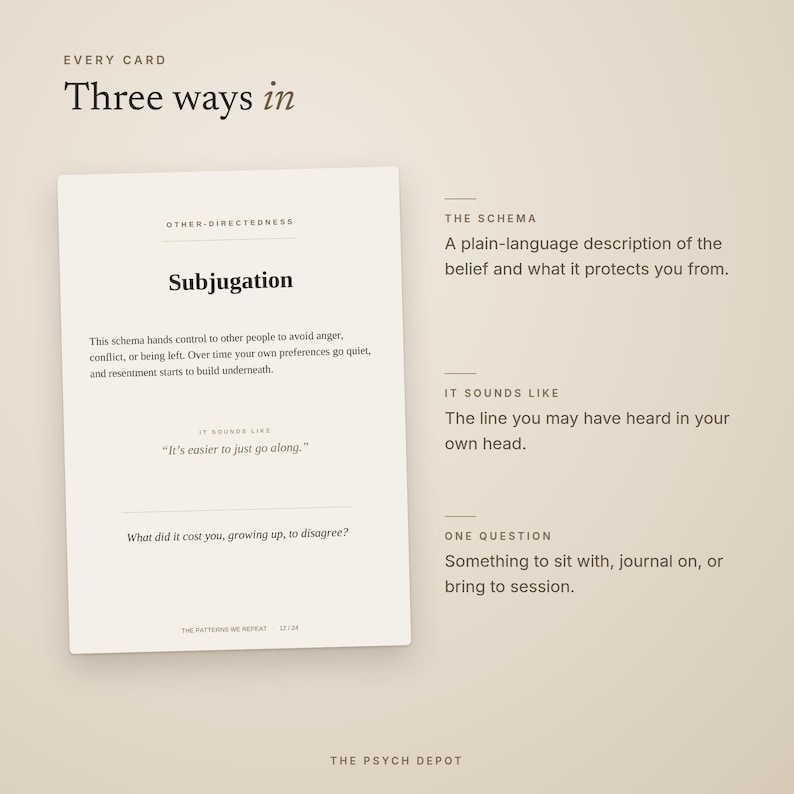 Puede incluir: Una tarjeta informativa beige titulada Three ways in, que presenta el esquema Subjugation. El texto explica que este esquema cede el control a otros para evitar conflictos, incluye la frase It's easier to just go along y plantea una pregunta.