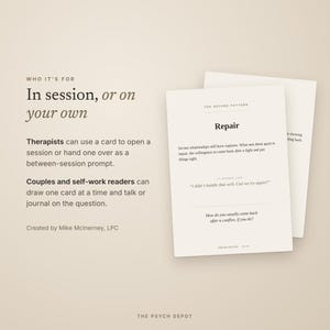 May include: Two white rectangular cards with black text on a light beige background. The top card features the heading The Secure Pattern, the word Repair, and text about relationship ruptures, including the question, How do you usually come back after a conflict, if you do?