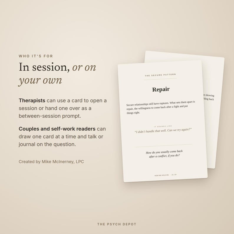 May include: Two white rectangular cards with black text on a light beige background. The top card features the heading The Secure Pattern, the word Repair, and text about relationship ruptures, including the question, How do you usually come back after a conflict, if you do?