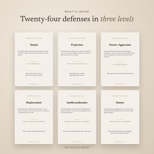 May include: A set of six off-white informational cards titled "Twenty-four defenses in three levels" featuring psychological concepts like Denial, Projection, Passive Aggression, Displacement, Intellectualization, and Humor with descriptive text.