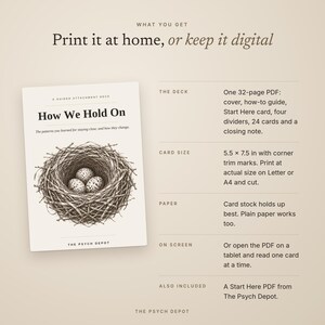 May include: A digital guided attachment deck titled How We Hold On, featuring a bird nest illustration with three speckled eggs. The text details a 32-page PDF including a cover, guide, cards, and dividers, with a card size of 5.5 x 7.5 inches.