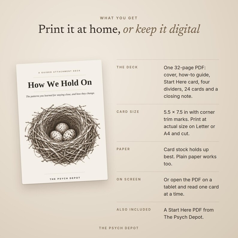 May include: A digital guided attachment deck titled How We Hold On, featuring a bird nest illustration with three speckled eggs. The text details a 32-page PDF including a cover, guide, cards, and dividers, with a card size of 5.5 x 7.5 inches.