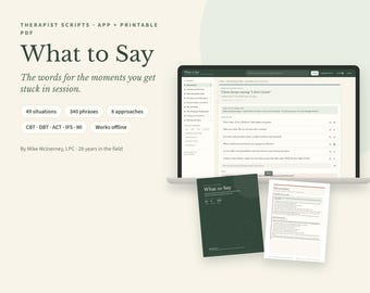 Terapeutmanus-app och utskrivbar skrivbordsguide, Vad man ska säga under sessionen, 340 rådgivningsfraser, KBT DBT ACT, rådgivningsverktyg, digital fil
