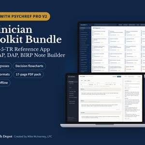 Clinician Toolkit Bundle, DSM-5-TR Reference App V2 + SOAP Note Builder, 150 Diagnoses, Diagnosis Flowcharts, Therapist Tools