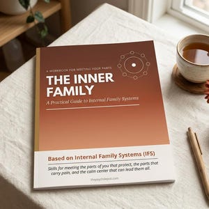 Może przedstawiać: Ćwiczeniówka w miękkiej oprawie zatytułowana The Inner Family: A Practical Guide to Internal Family Systems. Okładka zawiera brązowy gradient, biały schemat kołowy oraz tekst informujący o oparciu na metodzie Internal Family Systems.