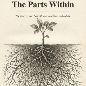 Puede incluir: Un mazo de cartas de trabajo de partes titulado The Parts Within, con una ilustraci&oacute;n en tinta negra y blanca de una planta con ra&iacute;ces visibles bajo la l&iacute;nea del suelo. El texto dice A GUIDED PARTS-WORK DECK, The Parts Within, The inner system beneath your reactions and habits, y THE PSYCH DEPOT.