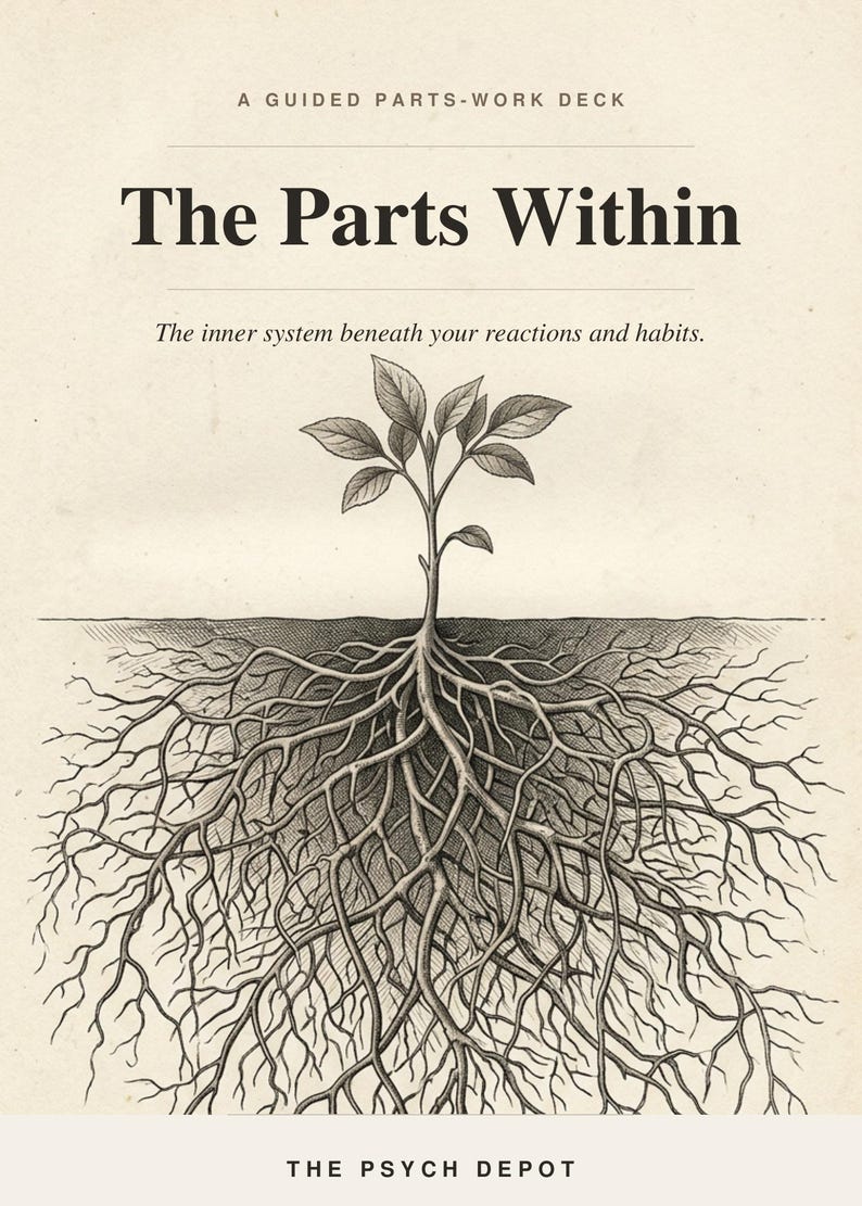 Puede incluir: Un mazo de cartas de trabajo de partes titulado The Parts Within, con una ilustraci&oacute;n en tinta negra y blanca de una planta con ra&iacute;ces visibles bajo la l&iacute;nea del suelo. El texto dice A GUIDED PARTS-WORK DECK, The Parts Within, The inner system beneath your reactions and habits, y THE PSYCH DEPOT.