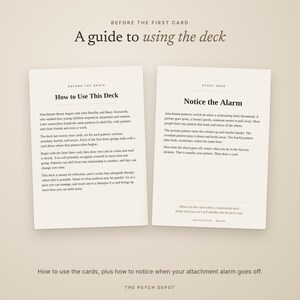 May include: Two off-white instructional cards with black text. The left card is titled How to Use This Deck, explaining attachment theory and card usage. The right card is titled Notice the Alarm, describing relationship patterns and triggers.