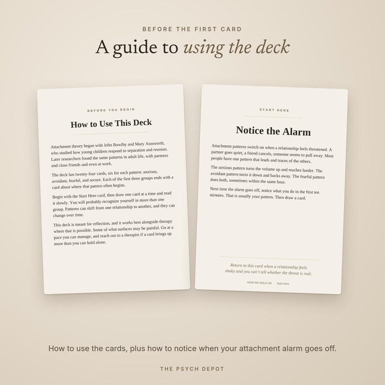May include: Two off-white instructional cards with black text. The left card is titled How to Use This Deck, explaining attachment theory and card usage. The right card is titled Notice the Alarm, describing relationship patterns and triggers.