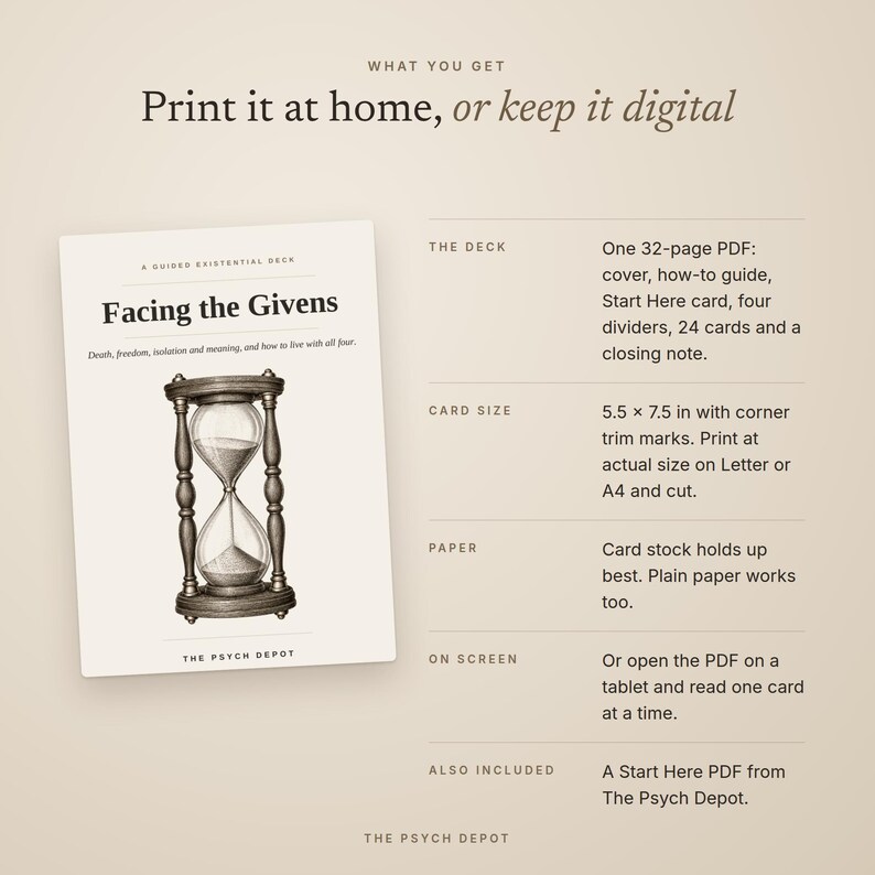 May include: A digital card deck titled Facing the Givens featuring an hourglass illustration. The text includes: What you get, Print it at home, or keep it digital, The deck, Card size 5.5 x 7.5 in, Paper, On screen, Also included, The Psych Depot.