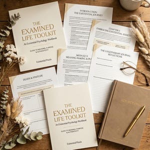 Op de afbeelding: Twee exemplaren van The Examined Life Toolkit An Existential Psychology Workbook, diverse geprinte modulepagina's, een beige dagboek met het woord Reflections op de kaft, een gouden pen en een bril op een houten ondergrond.