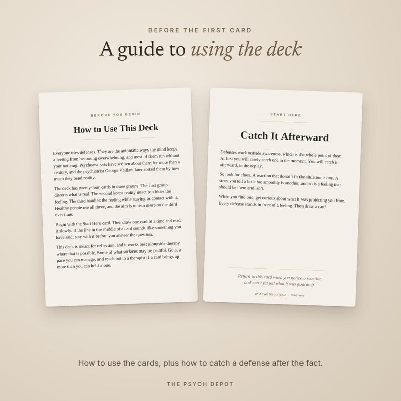 May include: Two off-white instructional cards with black text. The left card is titled How to Use This Deck, explaining defense mechanisms. The right card is titled Catch It Afterward, providing instructions on identifying reactions. The text is clear and legible.