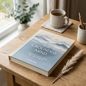 May include: A hardcover book titled The Grounded Mind by Eliza Reed with a blue and white watercolor mountain illustration on the cover. The text reads A Minimalist Guide to Finding Calm, Clarity & Balance. The book has a white spine.