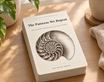May include: A deck of cards titled The Patterns We Repeat, A Guided Scheme-Work Deck. The cover features a black and white illustration of a nautilus shell, with the text The early beliefs beneath the patterns you keep returning to and The Psych Depot.