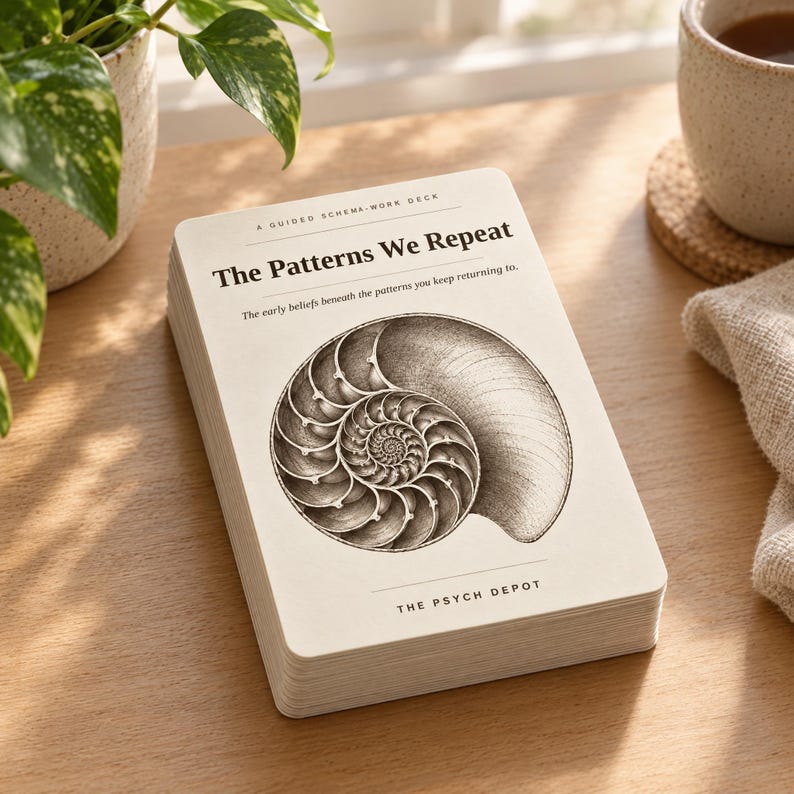 Puede incluir: Una baraja de cartas titulada The Patterns We Repeat, A Guided Scheme-Work Deck. La cubierta presenta una ilustraci&oacute;n en blanco y negro de una concha de nautilo, con el texto The early beliefs beneath the patterns you keep returning to y The Psych Depot.