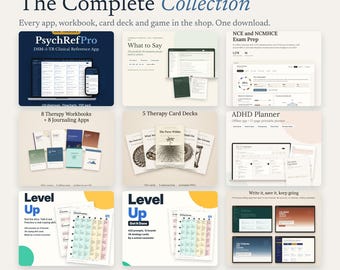 Terapeut Mega Bundle, Hela butiken: DSM-5-TR Referensapp, Progress Note Builder, Terapiskript, Arbetsböcker, Kortlekar, Spel