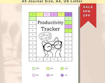 Cat Bujo Productivity Tracker, Printable Journal Page (A5, A4, US Letter)
