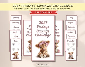 2027 Fridays Savings Challenge Kawaii Highland Cow A6 Savings Tracker Cash Stuffing Savings Inserts Binder Printable Cash Tracker Inserts