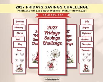 2027 Freitags Spar-Challenge Whimsical Maus A6 Spar-Tracker Bargeldfüllung Spareinlagen Binder Printable Cash Tracker Einsätze