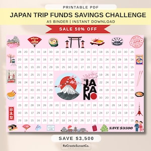 Peut inclure: Challenge d'épargne pour un voyage au Japon imprimable au format A5. Le tableau rose présente des icônes culturelles japonaises, une montagne et le mot "JAPAN". Comprend une bannière "SALE 50% OFF" et un message "SAVE 3 500$".