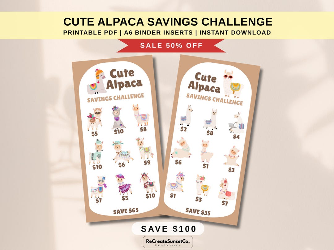 Cute Alpaca Savings Challenge 2026 Save 100 Cash Stuffing A6 Savings ...