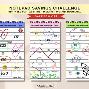 May include: Three notepad savings challenges with various shapes and illustrations, including hearts, suns, and planets. Each notepad has a title and the text "SAVE: $100". The top banner reads "NOTEPAD SAVINGS CHALLENGE".