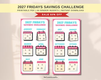 2027 Fridays Savings Challenge A6 Savings Tracker Cash Stuffing Savings Inserts Binder Printable Cash Tracker Inserts Kawaii Savings