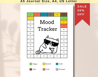Cat Mood Tracker PRINTABLE Journal Page: Daily Feelings, Monthly Chart (Digital Download)