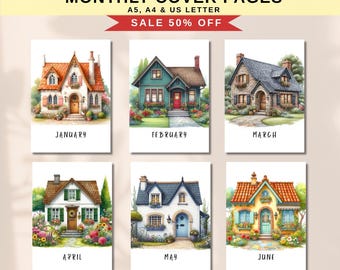 Monthly Planner Covers, Planner Insert, Printable Cottage House Monthly Planner Covers, Journal Pages & Inserts, Planner dividers
