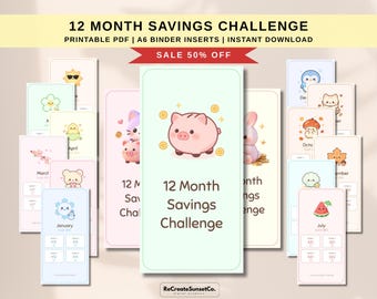 12 Month Savings Challenge 2027 A6 Savings Inserts Cash Stuffing Binder Monthly Cash Tracker Kawaii Savings Printable PDF Bundle