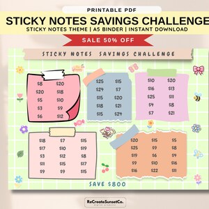 May include: A printable PDF with a sticky notes savings challenge theme. The design features colorful sticky notes with savings amounts, floral and butterfly illustrations, and the text "SALE 50% OFF". The text "SAVE $800" is also included.
