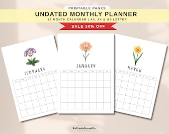 Printable Undated Planner Floral 2027 Planner Undated Printable – Minimalist Calendar (Digital Download)