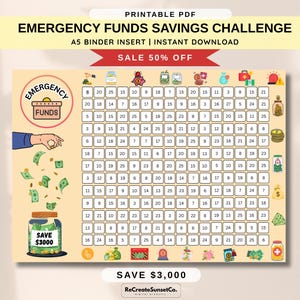 Puede incluir: PDF imprimible de desafío de ahorro de fondos de emergencia. La tabla beige presenta una cuadrícula con números e iconos para rastrear los ahorros. La imagen incluye el texto "AHORRA 3.000 €" y "VENTA 50% DE DESCUENTO". Se muestra una mano dejando caer dinero en un tarro.