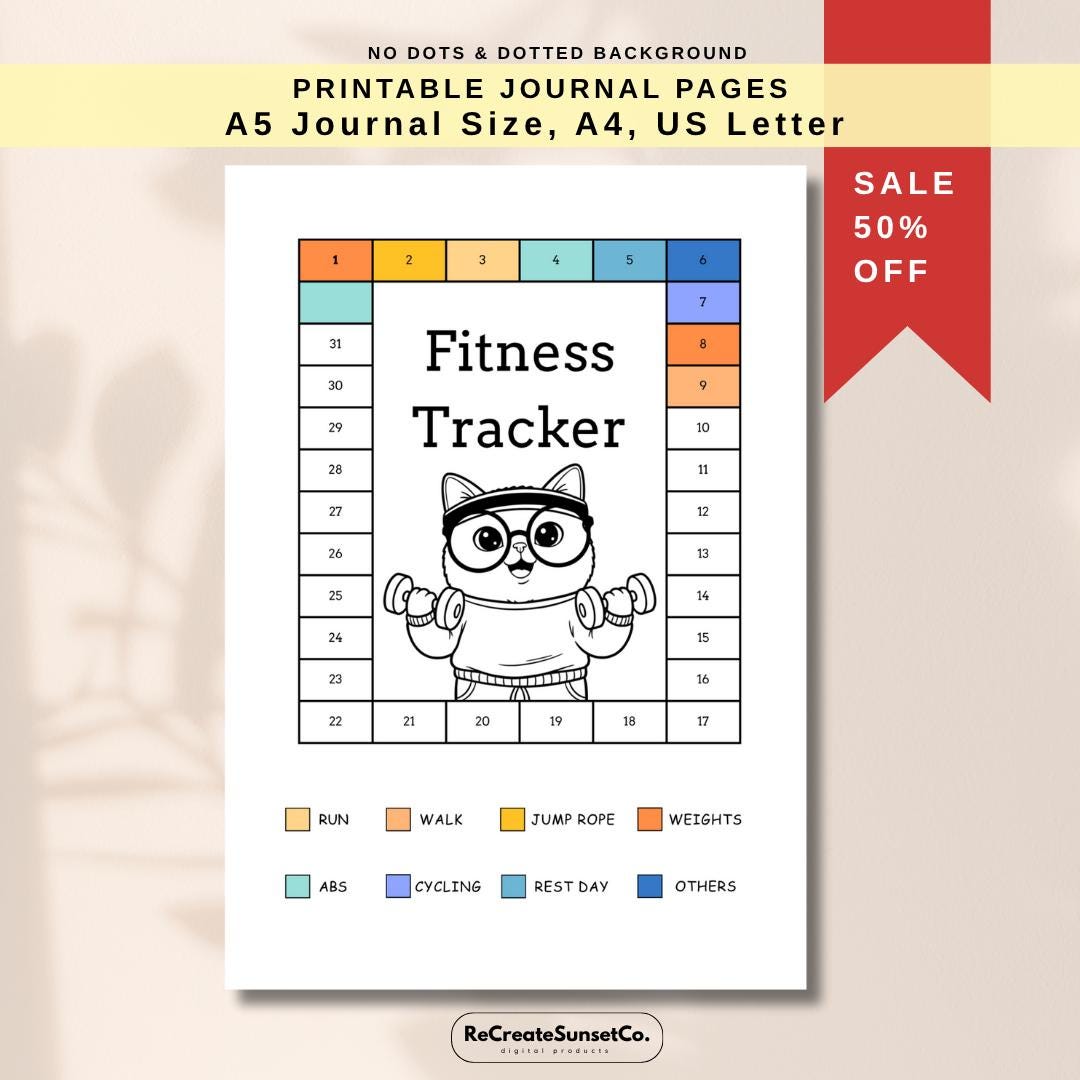 Monthly Fitness Tracker, Printable Exercise Log (A5, A4, US Letter) - Etsy