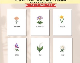 Monthly Planner Covers, Planner Insert, Printable Flower Monthly Planner Covers A5/A4/US Letter, Journal Pages & Inserts, Planner dividers