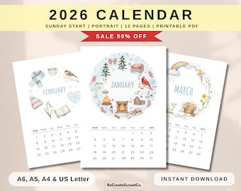 2026 Calendar, Printable Monthly Calendar,  Watercolor Inspired Mini Calendar (PDF Download)
